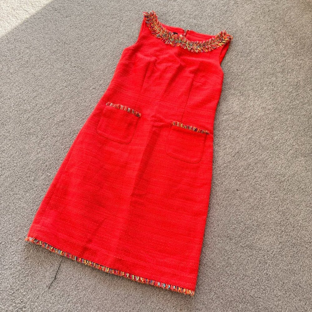 Talbots Tweed Sheath Dress Coral Fringe Trim Sleeveless Party Cocktails US 2